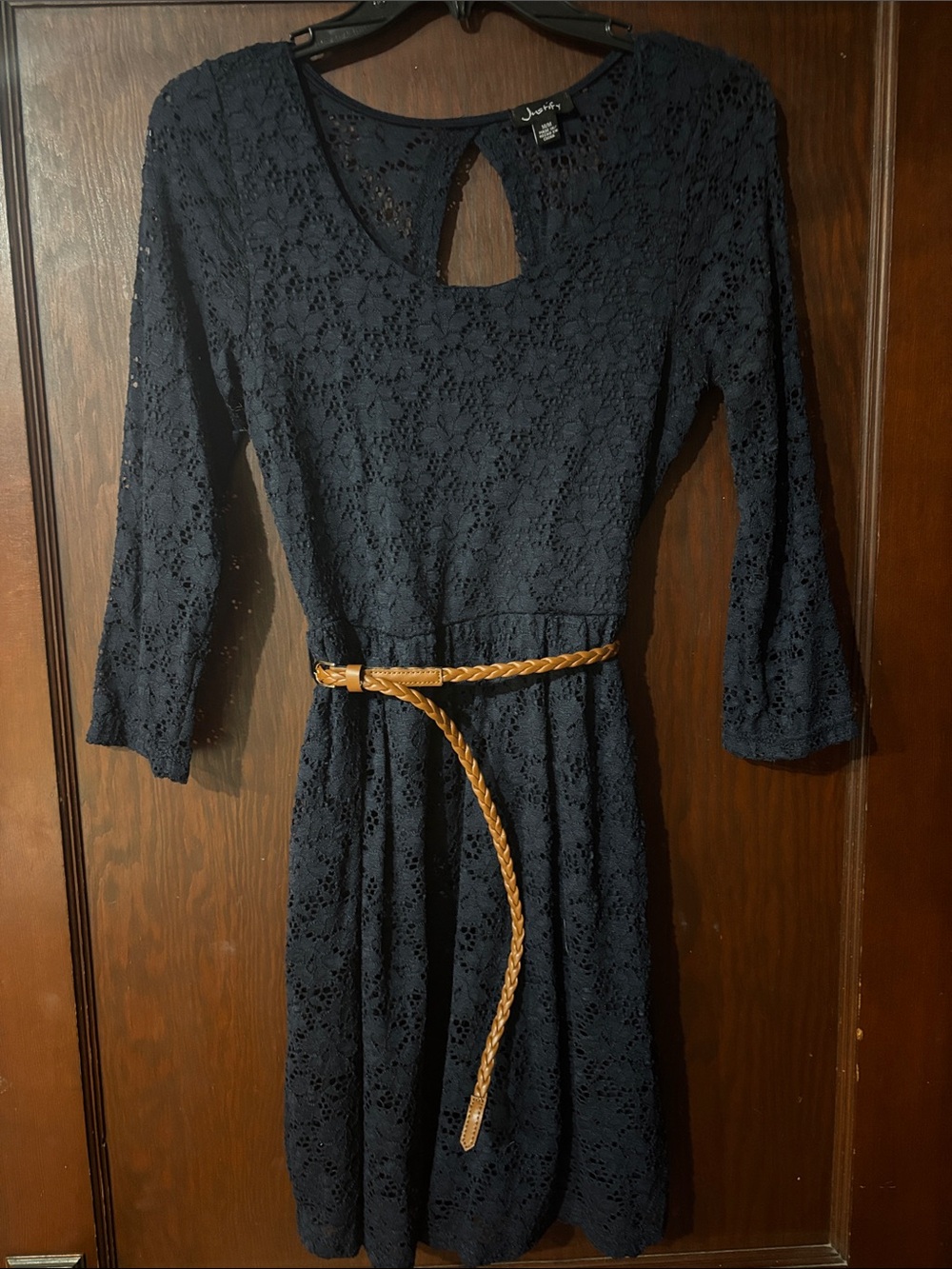 Navy Lace Long-Sleeve Fit & Flare Dress with Tan Braided Belt